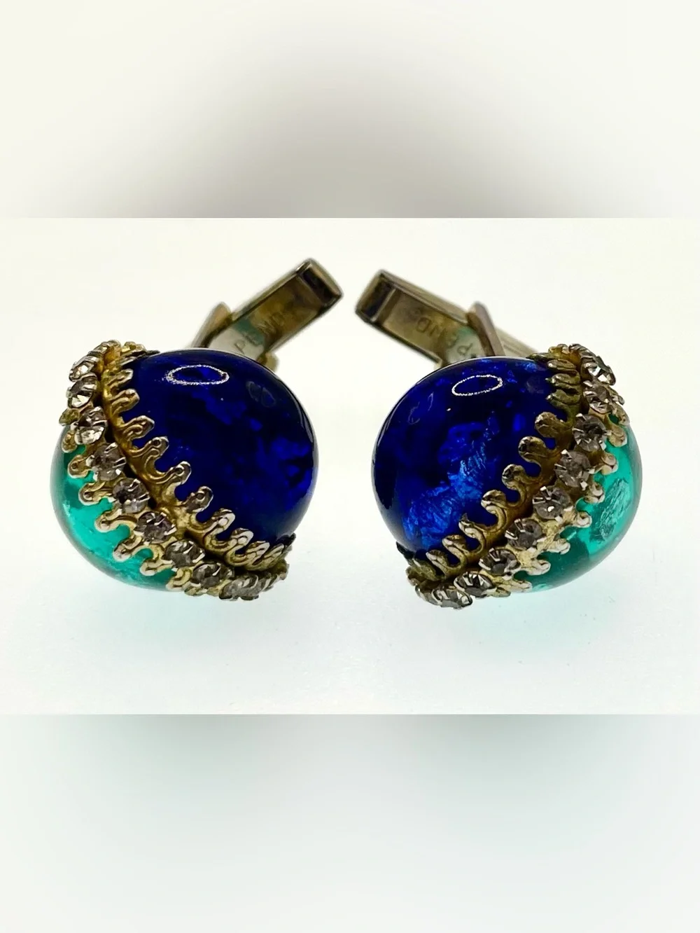 Vintage Blue Green Art Glass Rhinestone Gold Tone Cufflinks MCM Statement